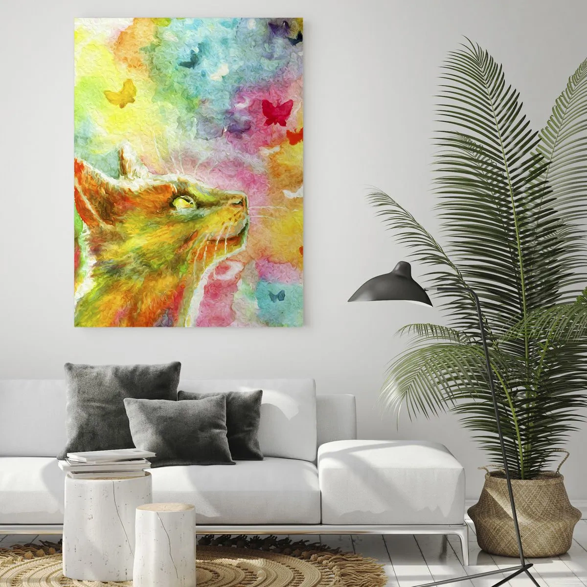 Quadro su vetro - Un gatto osserva farfalle colorate su uno sfondo pastello. - 50x70cm - Storie dal paese dei gatti - Decorazione murale moderna per soggiorno e camera da letto ARTTOR