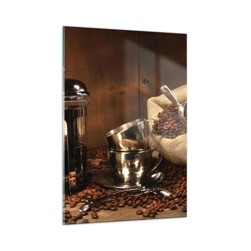 Quadro su vetro - Macchina per il caffè, tazze e un sacchetto di chicchi di caffè - 50x70cm - Magia del caffè: aroma e sapore - Decorazione murale moderna per soggiorno e camera da letto ARTTOR
