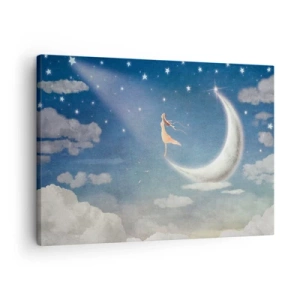 Quadro su tela - Stampe su Tela - Una donna sulla luna circondata da stelle e nuvole - 70x50cm - Seduttrice celeste - Decorazione murale moderna per soggiorno e camera da letto ARTTOR