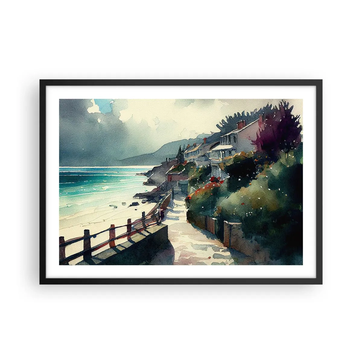 Poster in cornice nera - Lungomare con case e vegetazione - 70x50cm - Cittadina mediterranea - Decorazione murale moderna per soggiorno e camera da letto ARTTOR