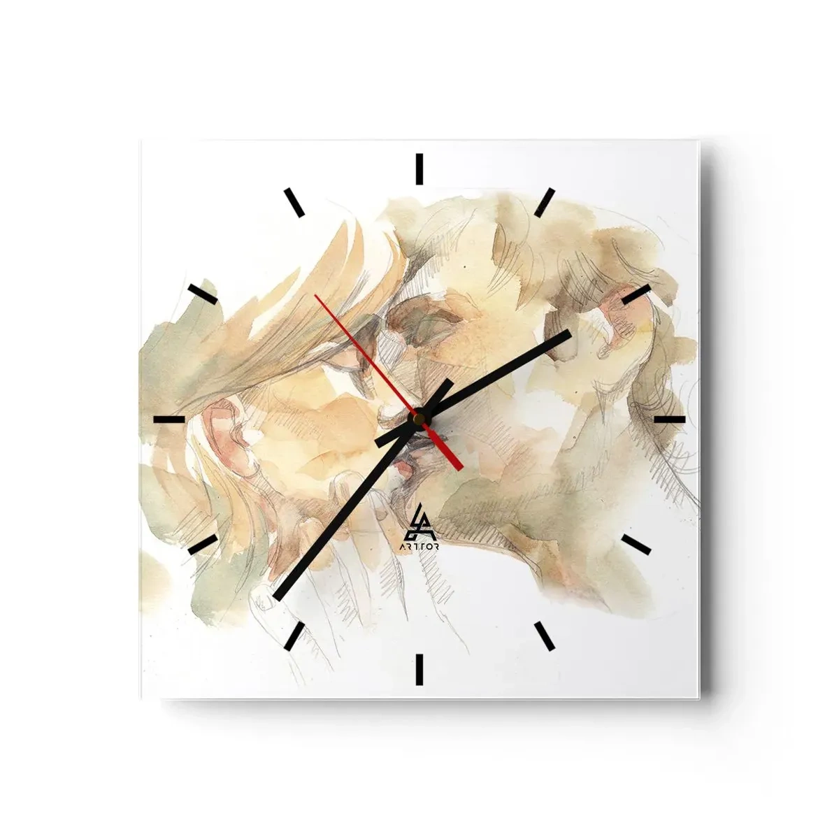 Orologio da parete - Orologio in Vetro - Ritratto romantico ad acquerello di una coppia che si bacia - 30x30cm - Sarà l'anima gemella? - Decorazione murale moderna per soggiorno e camera da letto ARTTOR
