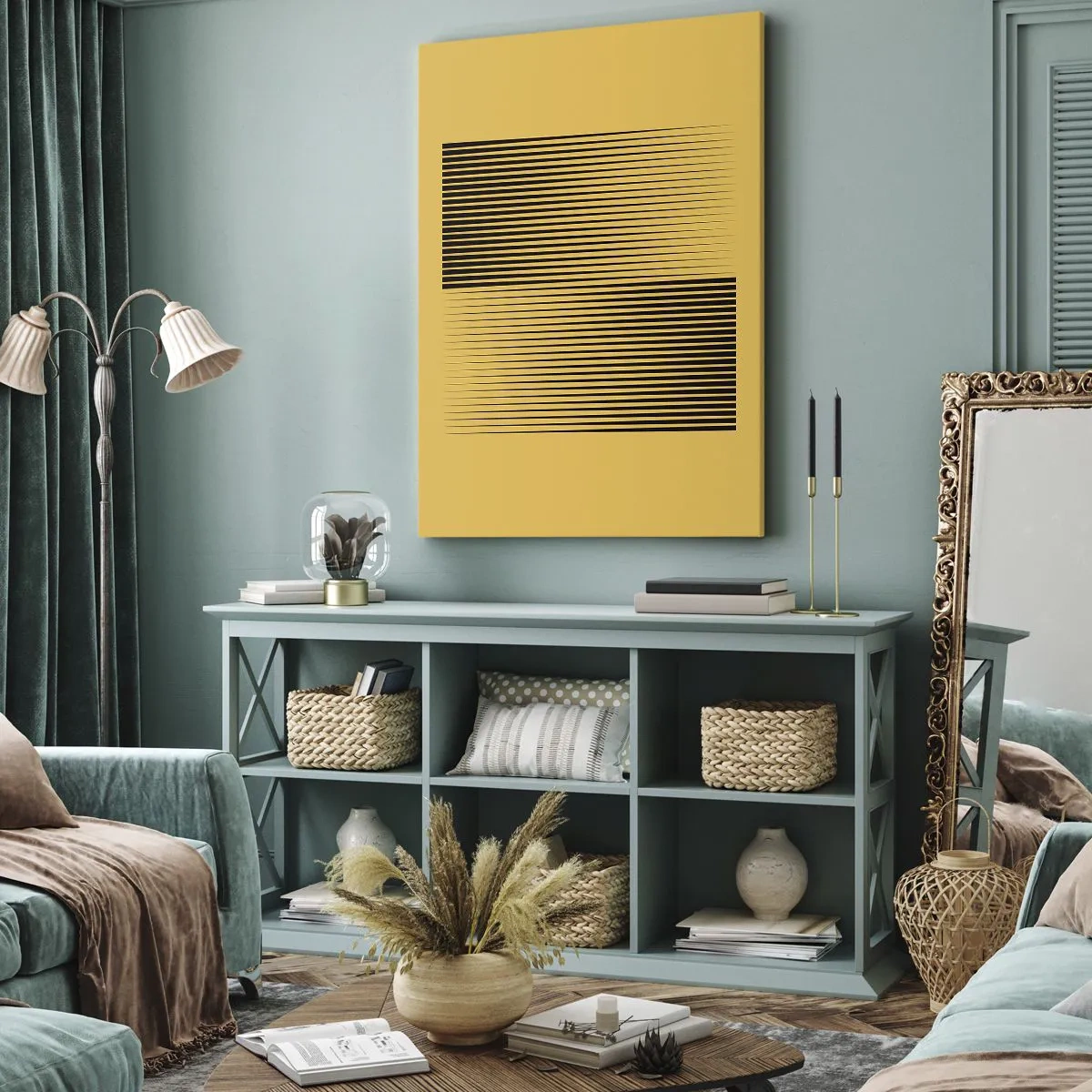 Quadro su tela - Stampe su Tela - Linee nere verticali su sfondo giallo - 50x70cm - La quadratura degli opposti - Decorazione murale moderna per soggiorno e camera da letto ARTTOR