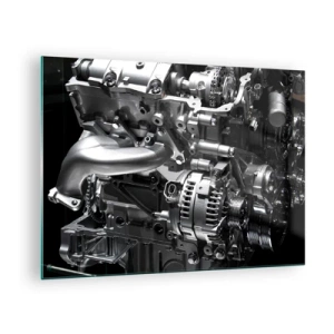 Quadro su vetro - Dettagli di un motore metallico su sfondo nero - 70x50cm - D'acciaio, bello, forte - Decorazione murale moderna per soggiorno e camera da letto ARTTOR