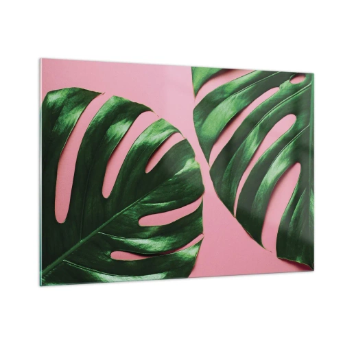 Quadro su vetro - Foglie di monstera verdi su sfondo rosa - 100x70cm - Appuntamento in verde - Decorazione murale moderna per soggiorno e camera da letto ARTTOR