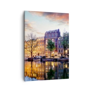 Quadro su tela - Stampe su Tela - Canale con il riflesso delle case popolari nella luce della sera - 50x70cm - Bellezza olandese riservata e tranquilla - Decorazione murale moderna per soggiorno e camera da letto ARTTOR