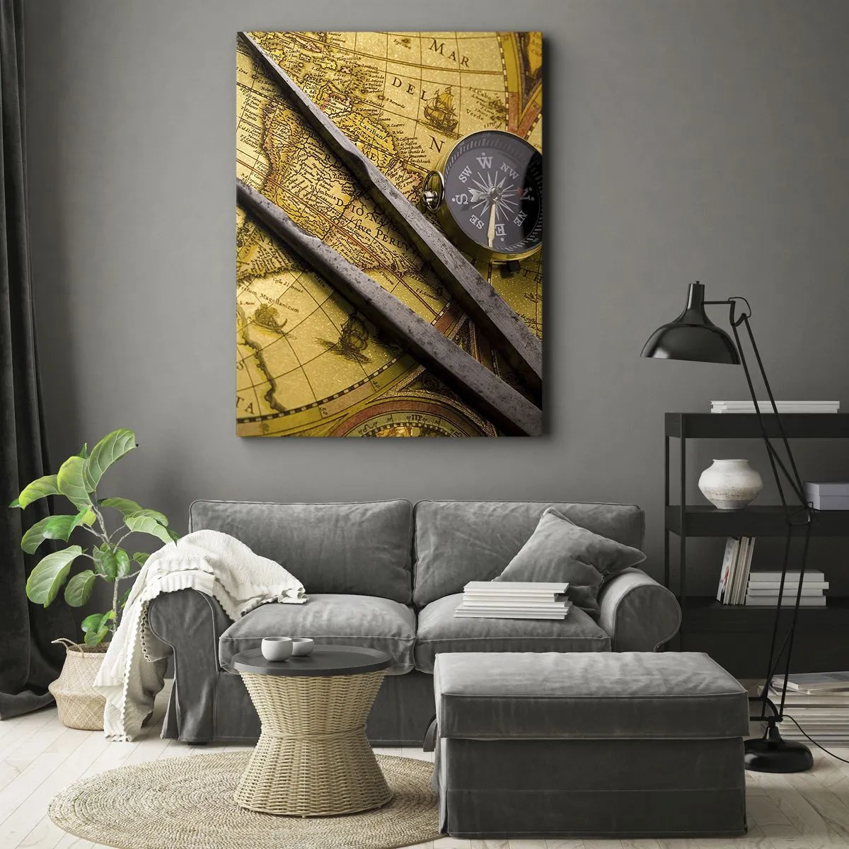 Quadro su tela - Stampe su Tela - Una mappa del mondo antica con una bussola e un paio di bussole sullo sfondo - 50x70cm - Dove sono questi tesori? - Decorazione murale moderna per soggiorno e camera da letto ARTTOR