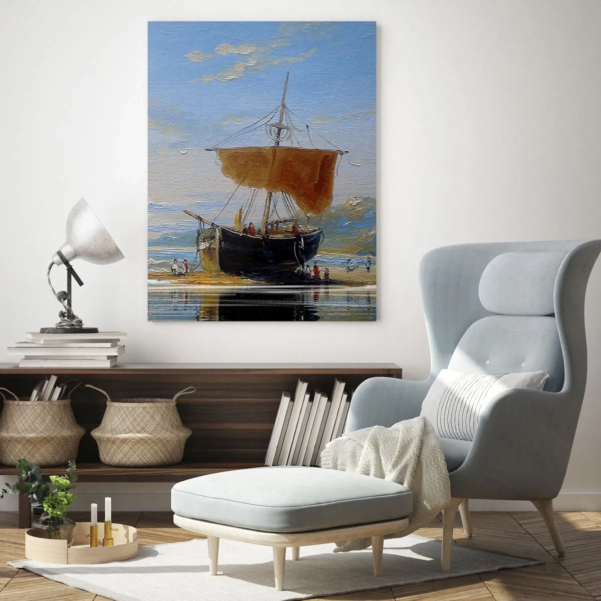 Quadro su vetro - Una nave con una vela sulla riva in stile pittorico - 50x70cm - Acqua, terra, aria - Decorazione murale moderna per soggiorno e camera da letto ARTTOR