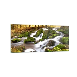 Quadro su vetro - Un paesaggio boscoso con una cascata circondata dal muschio - 120x50cm - Rapido nel bosco autunnale - Decorazione murale moderna per soggiorno e camera da letto ARTTOR