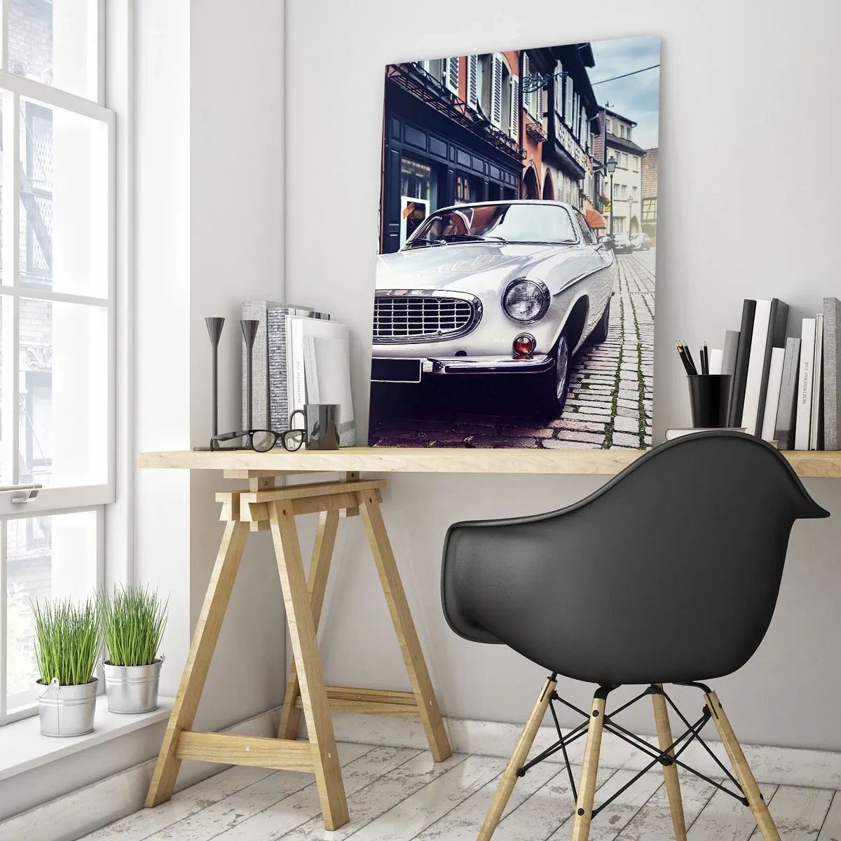 Quadro su vetro - Un'auto classica bianca sullo sfondo di edifici storici - 50x70cm - Il passato è oggi - Decorazione murale moderna per soggiorno e camera da letto ARTTOR