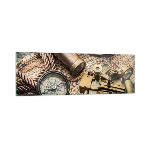 Quadro su vetro - Una bussola, un sestante e un telescopio sullo sfondo di una vecchia mappa e di una corda nautica. - 160x50cm - Traccia la rotta - Decorazione murale moderna per soggiorno e camera da letto ARTTOR