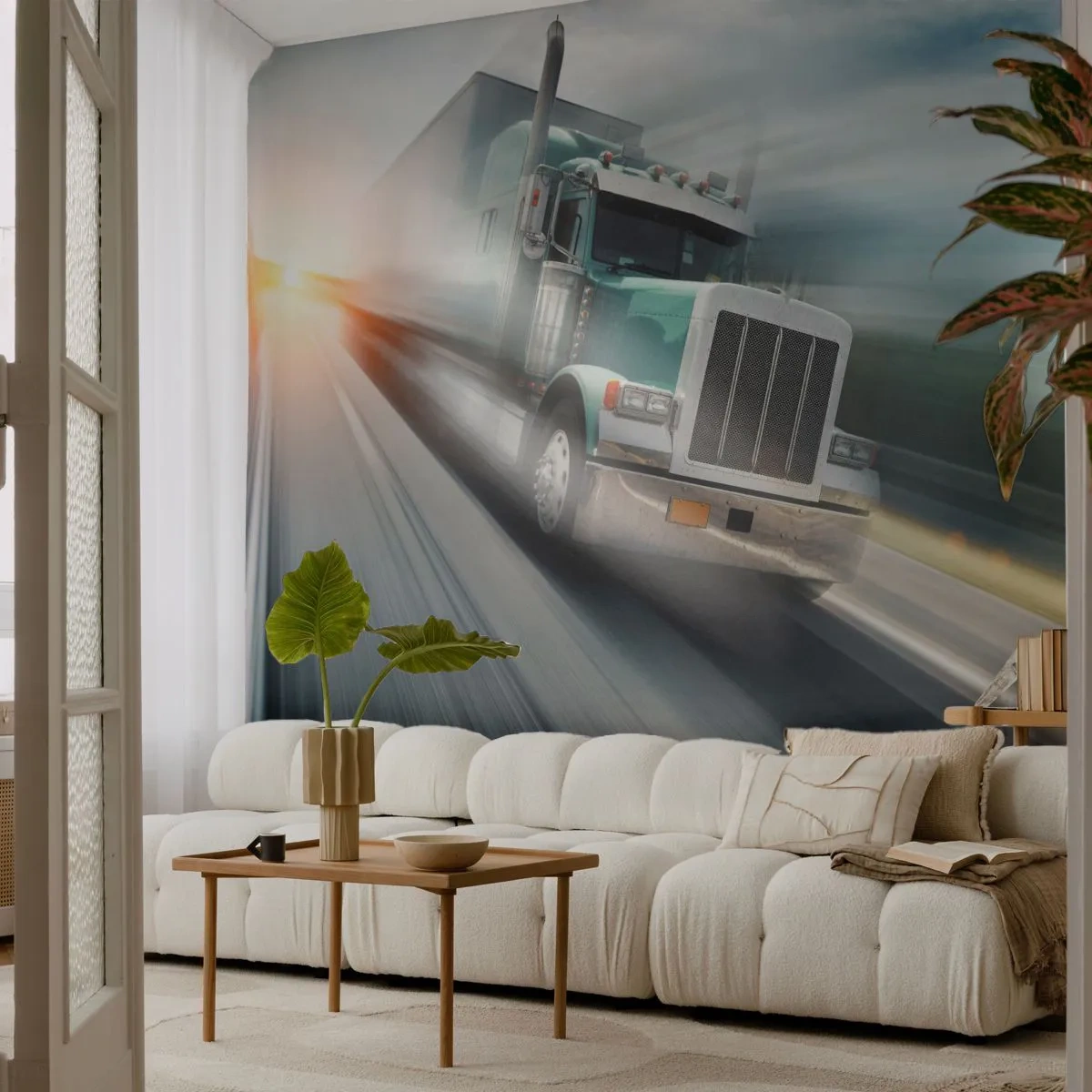 Fotomurali Premium Canvas - Un camion in autostrada in movimento al tramonto - 100x70cm - Gigante americano in corsa - Decorazione murale moderna per soggiorno e camera da letto ARTTOR
