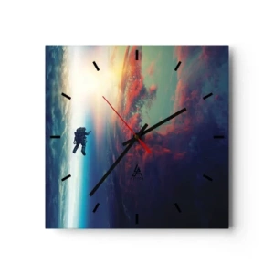 Orologio da parete - Orologio in Vetro - Un astronauta che fluttua nello spazio sopra una Terra colorata - 30x30cm - Affrontando l'universo - Decorazione murale moderna per soggiorno e camera da letto ARTTOR