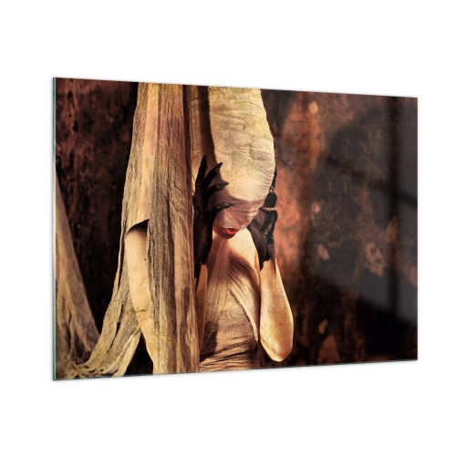Quadro su vetro - Una donna misteriosa circondata da tessuti dorati - 100x70cm - Tra il bene e il male - Decorazione murale moderna per soggiorno e camera da letto ARTTOR
