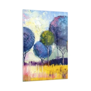 Quadro su vetro - Alberi colorati su uno sfondo di paesaggio astratto - 50x70cm - Sfera: forma ideale - Decorazione murale moderna per soggiorno e camera da letto ARTTOR