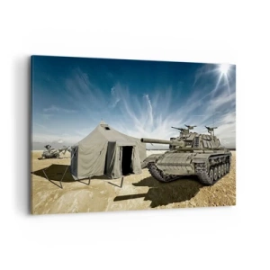 Quadro su tela - Stampe su Tela - Un carro armato accanto a una tenda militare in una zona desertica - 120x80cm - Sogno militare - Decorazione murale moderna per soggiorno e camera da letto ARTTOR