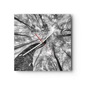 Orologio da parete - Orologio in Vetro - Prospettiva degli alberi in una foresta visti dal basso in tonalità di grigio - 30x30cm - La corsa verso la luce - Decorazione murale moderna per soggiorno e camera da letto ARTTOR