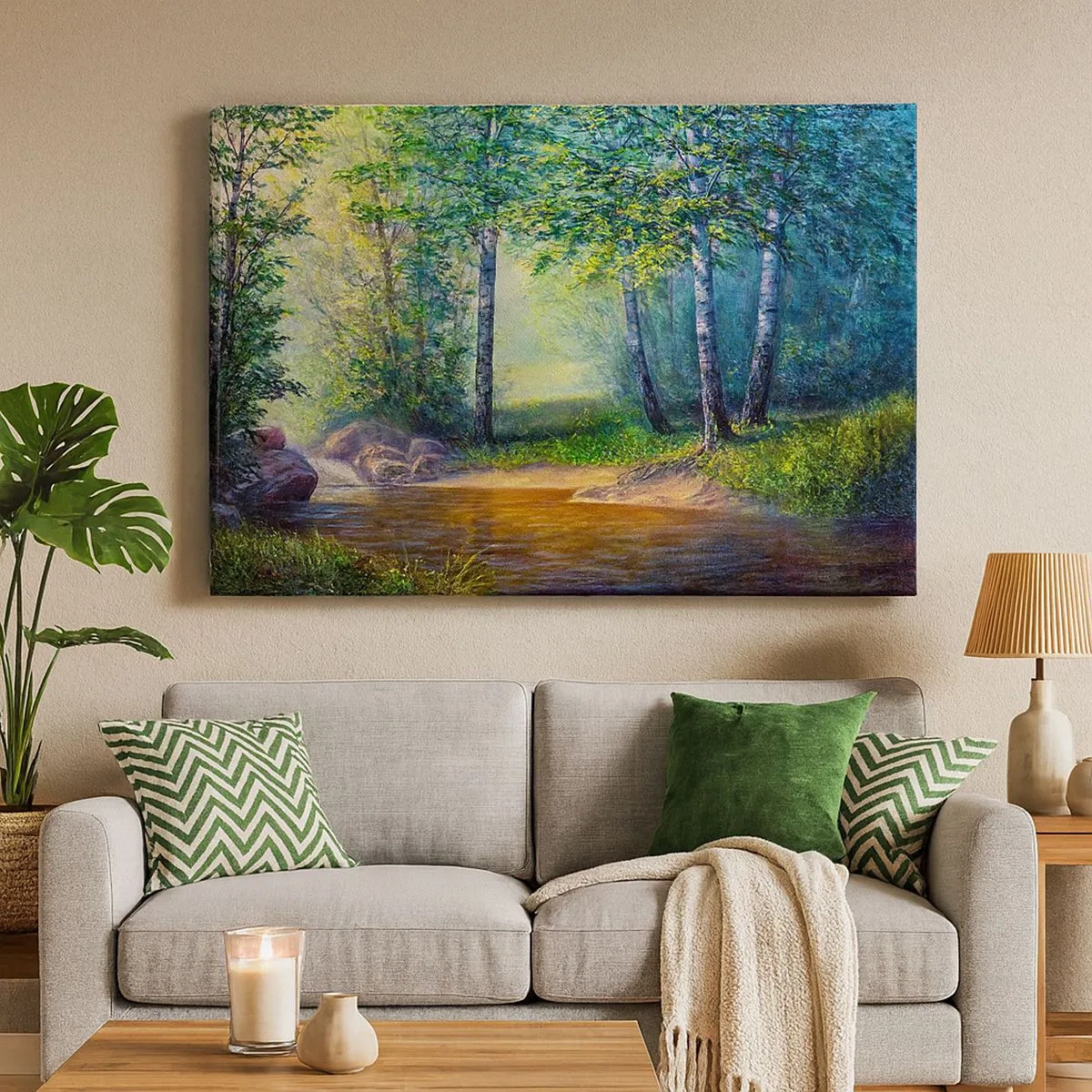 Quadro su tela - Stampe su Tela - Un ruscello nella foresta circondato da betulle e sole - 70x50cm - Scena di beatitudine - Decorazione murale moderna per soggiorno e camera da letto ARTTOR