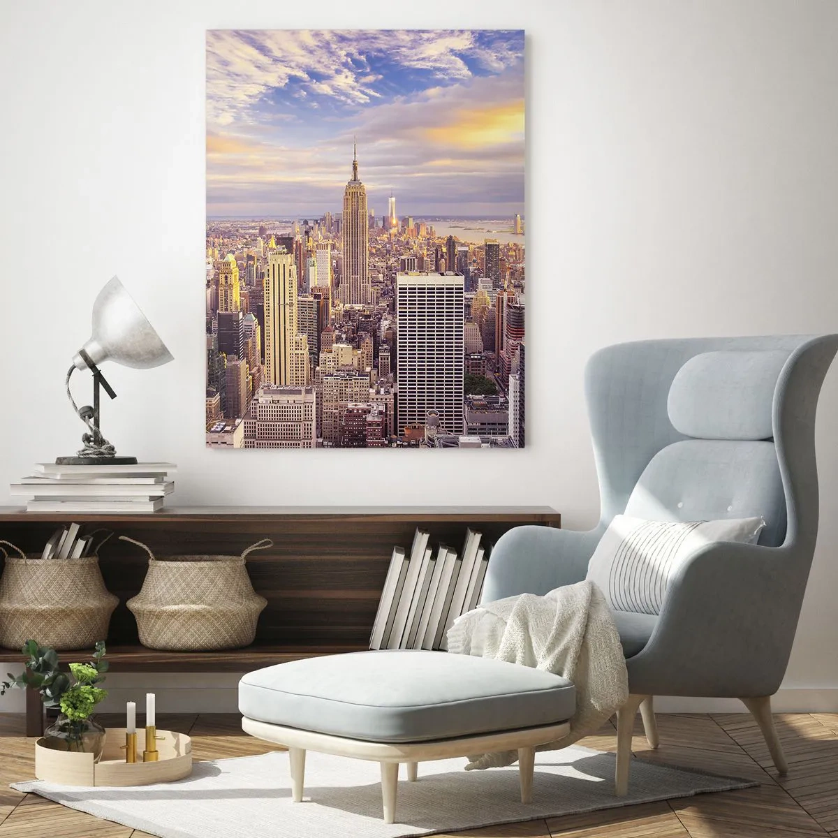 Quadro su vetro - Panorama di una città moderna con grattacieli al tramonto - 80x120cm - Toccando le nuvole - Decorazione murale moderna per soggiorno e camera da letto ARTTOR