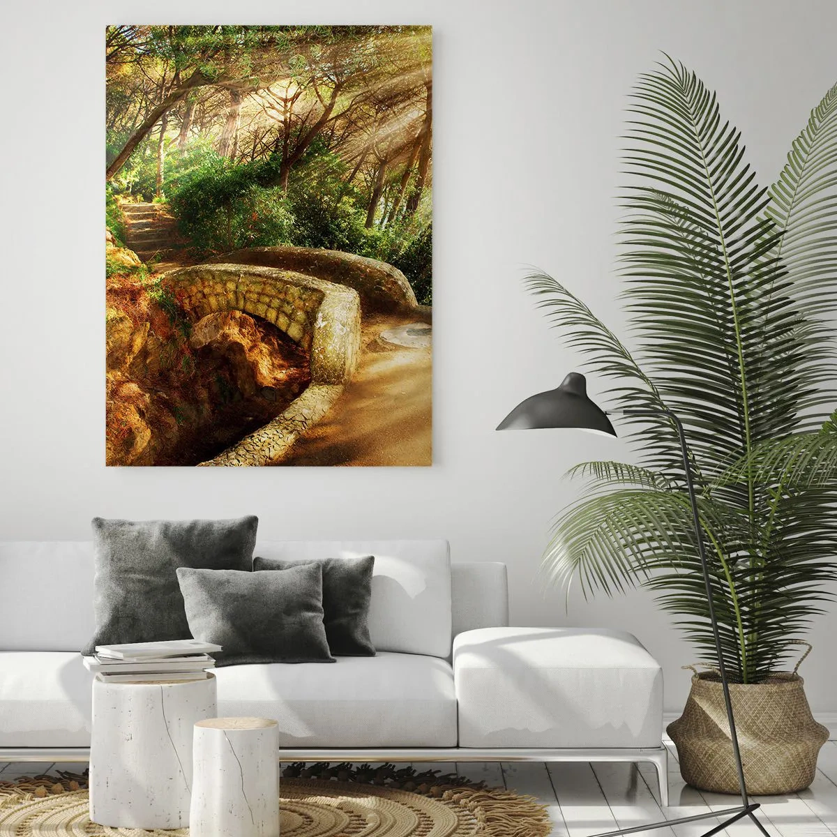Quadro su vetro - Paesaggio forestale con raggi di sole e un ponte di pietra - 80x120cm - Dal ponte direttamente nel bosco delle fiabe - Decorazione murale moderna per soggiorno e camera da letto ARTTOR