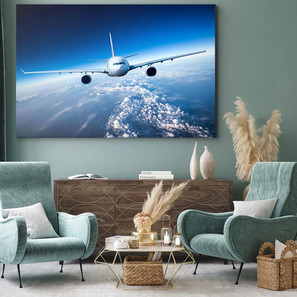 Quadro su tela - Stampe su Tela - Un aereo che vola sopra le nuvole contro un cielo blu - 70x50cm - Voglia di volare - Decorazione murale moderna per soggiorno e camera da letto ARTTOR