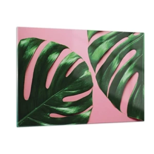 Quadro su vetro - Foglie di monstera verdi su sfondo rosa - 120x80cm - Appuntamento in verde - Decorazione murale moderna per soggiorno e camera da letto ARTTOR