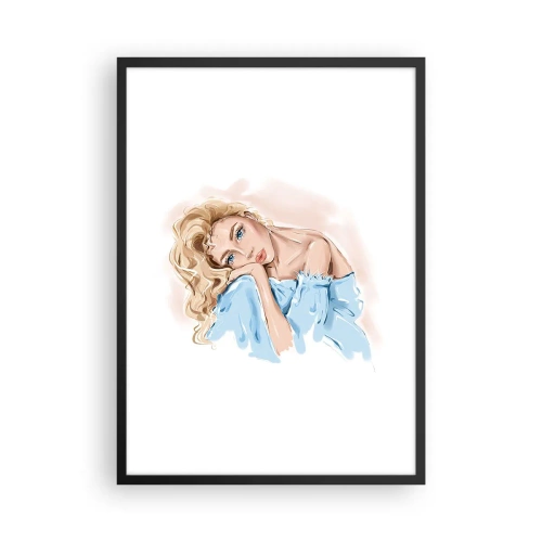 Poster in cornice nera - Un ritratto sottile di una donna dai colori delicati - 50x70cm - Sognante nel blu - Decorazione murale moderna per soggiorno e camera da letto ARTTOR