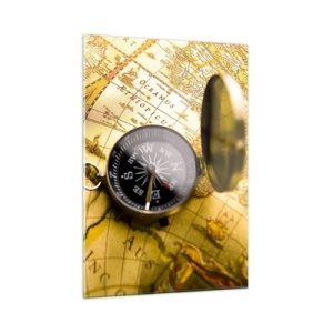 Quadro su vetro - Una mappa dorata con una bussola come accento avventuroso - 50x70cm - Forse all'estremità del mondo? - Decorazione murale moderna per soggiorno e camera da letto ARTTOR