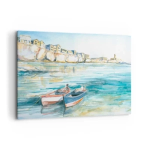 Quadro su tela - Stampe su Tela - Un pittoresco paesaggio costiero con barche sull'acqua - 100x70cm - Paesaggio in azzurro - Decorazione murale moderna per soggiorno e camera da letto ARTTOR