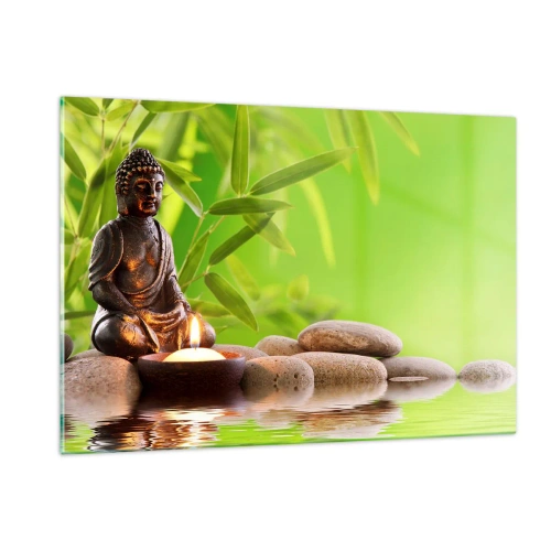 Quadro su vetro - Una figura di Buddha con una candela accesa in un ambiente verde - 120x80cm - La vita è bella - Decorazione murale moderna per soggiorno e camera da letto ARTTOR