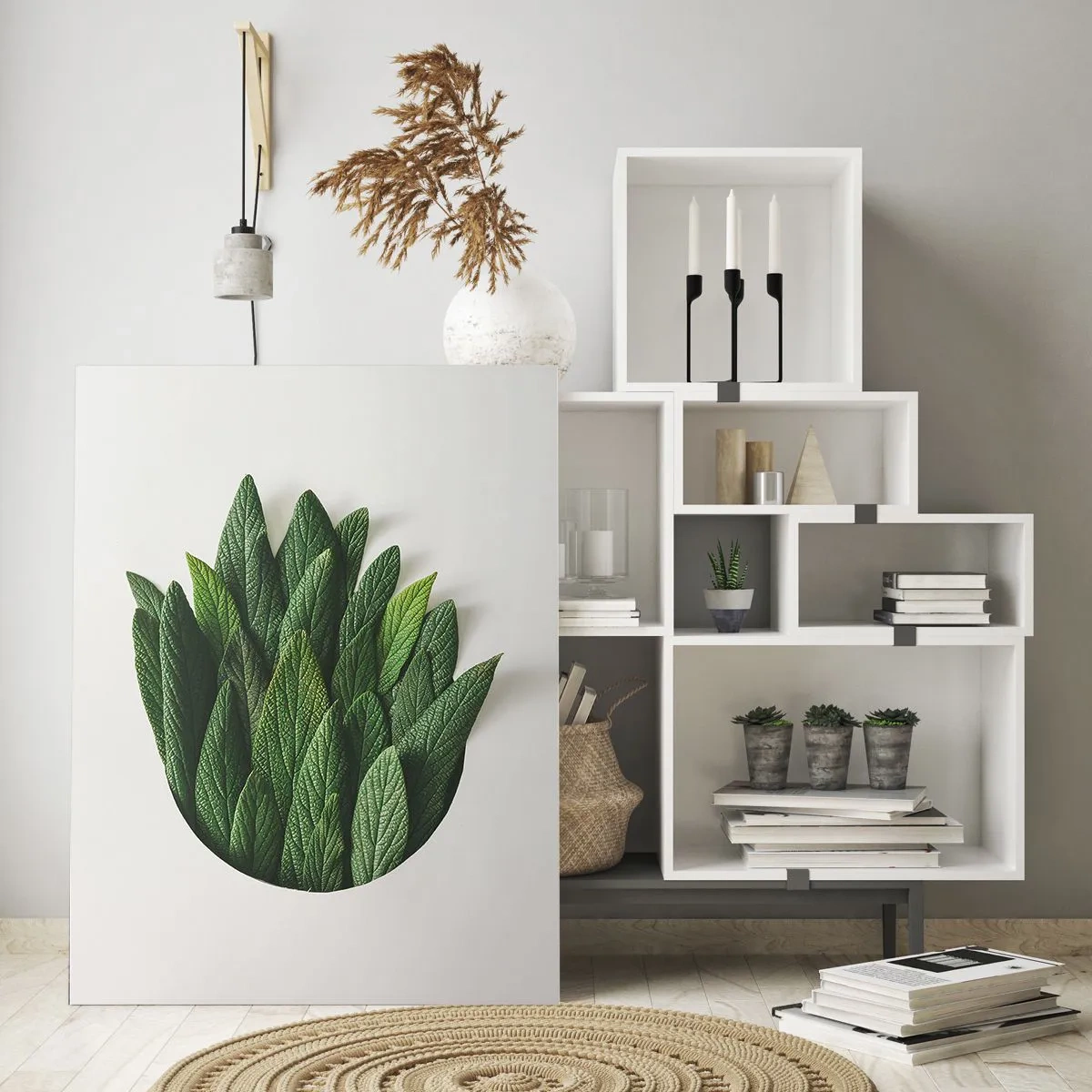 Quadro su vetro - Foglie verdi disposte a forma di vaso su sfondo bianco - 50x70cm - Curiosità irrefrenabile - Decorazione murale moderna per soggiorno e camera da letto ARTTOR