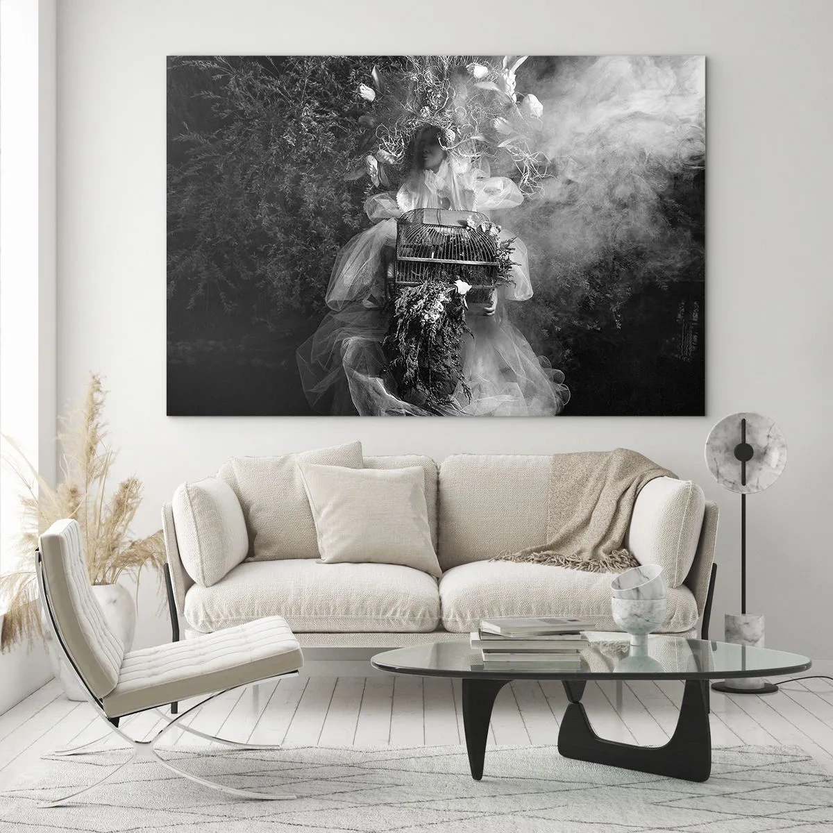Quadro su vetro - Donna con abito a gabbia di tulle e corona di piante in bianco e nero - 70x50cm - Madre natura stessa - Decorazione murale moderna per soggiorno e camera da letto ARTTOR