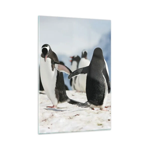 Quadro su vetro - Un gruppo di pinguini nella neve in un paesaggio antartico - 80x120cm - Danza sulla neve - Decorazione murale moderna per soggiorno e camera da letto ARTTOR