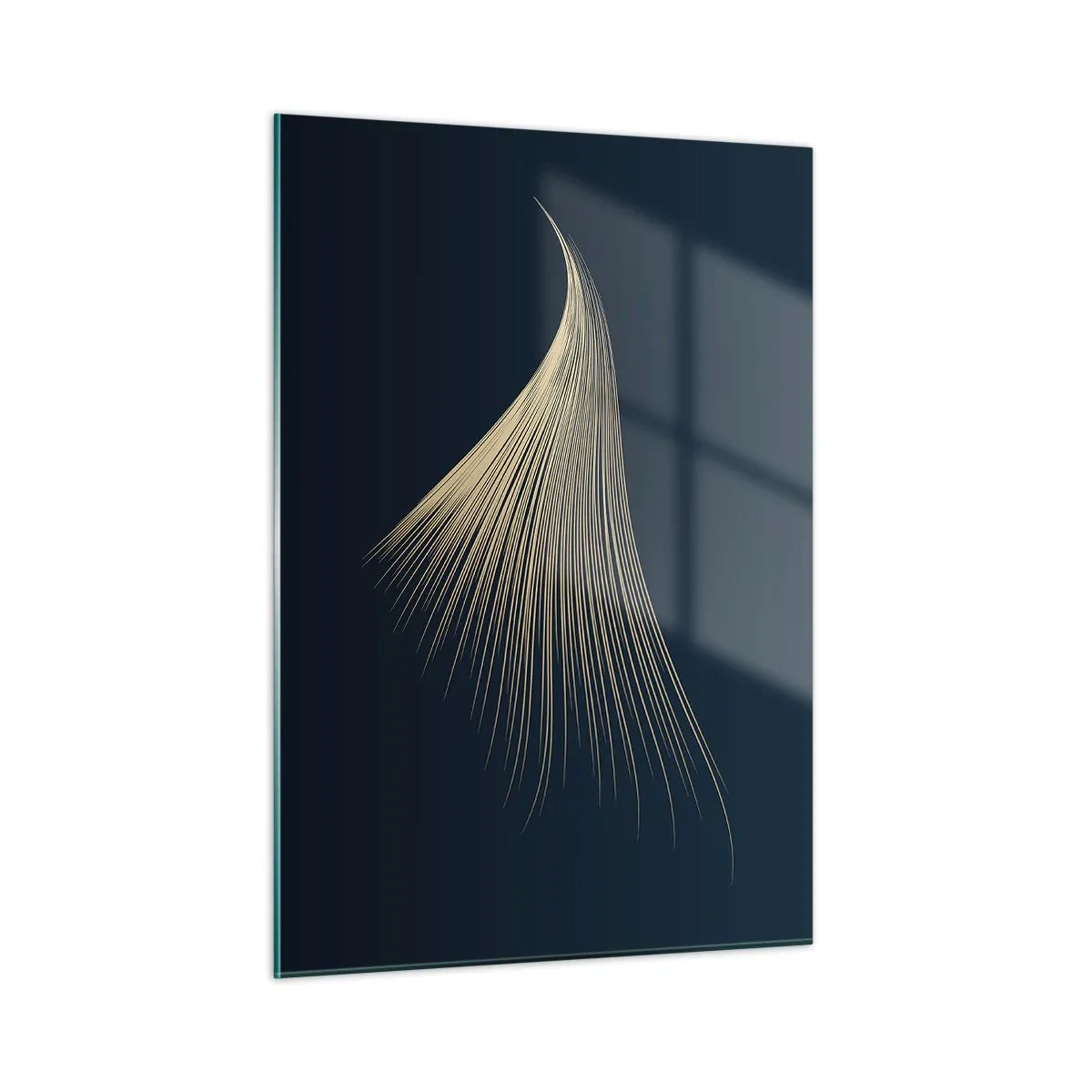 Quadro su vetro - Una linea dorata che ricorda un'ala su uno sfondo blu navy - 50x70cm - Come un capello d'angelo - Decorazione murale moderna per soggiorno e camera da letto ARTTOR