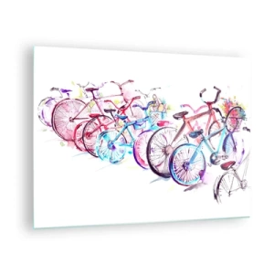 Quadro su vetro - Biciclette colorate in stile acquerello - 70x50cm - La riunione del club Antimoto - Decorazione murale moderna per soggiorno e camera da letto ARTTOR
