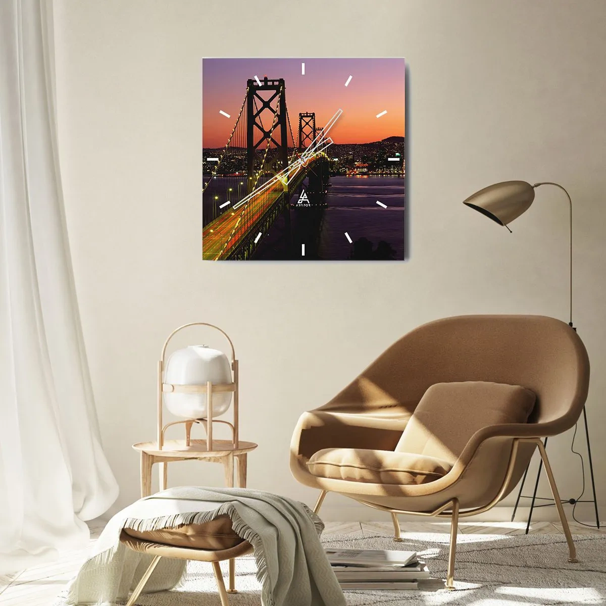 Orologio da parete - Orologio in Vetro - Un ponte illuminato di notte sull'acqua con vista panoramica sulla città - 30x30cm - Serata in viola - Decorazione murale moderna per soggiorno e camera da letto ARTTOR