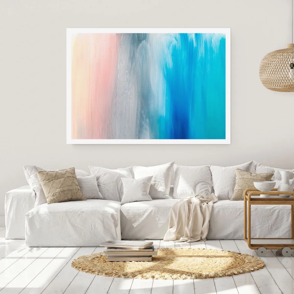 Poster - Pennellate astratte nei toni del blu e del rosa - 100x70cm - Gli elementi: l'aria - Decorazione murale moderna per soggiorno e camera da letto ARTTOR