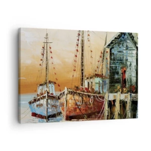 Quadro su tela - Stampe su Tela - Barche sulla riva nella calda luce del tramonto - 70x50cm - Ritorno tranquillo - Decorazione murale moderna per soggiorno e camera da letto ARTTOR
