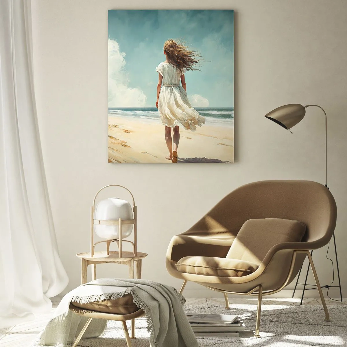 Quadro su vetro - Una donna in abito bianco che cammina sulla spiaggia in una giornata di sole - 80x120cm - Dove sole e vento si incontrano - Decorazione murale moderna per soggiorno e camera da letto ARTTOR