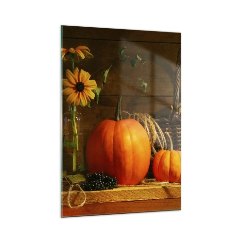 Quadro su vetro - Natura morta autunnale con zucche e fiori - 50x70cm - Composizione rustica: i doni dell'autunno - Decorazione murale moderna per soggiorno e camera da letto ARTTOR