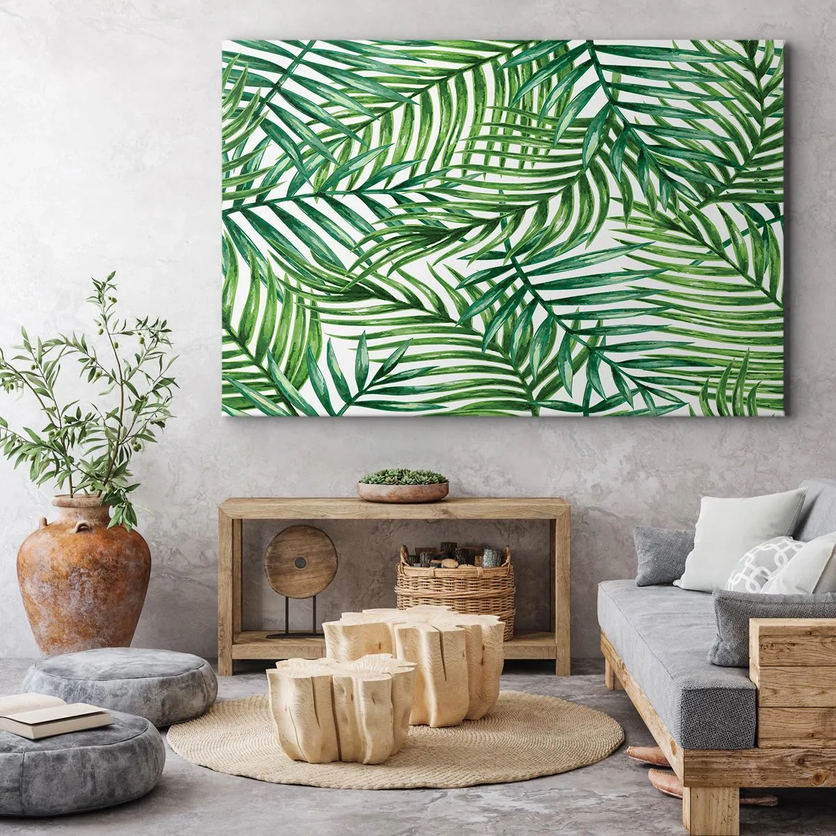 Quadro su tela - Stampe su Tela - Foglie di palma tropicali verdi su sfondo chiaro - 120x80cm - Sotto un baldacchino verde - Decorazione murale moderna per soggiorno e camera da letto ARTTOR