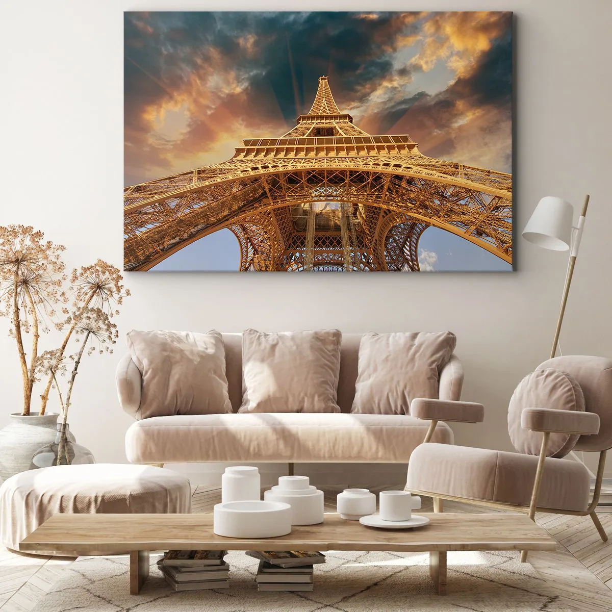 Quadro su tela - Stampe su Tela - La Torre Eiffel dal basso sullo sfondo del sole al tramonto - 100x70cm - Come gli uomini hanno raggiunto il cielo - Decorazione murale moderna per soggiorno e camera da letto ARTTOR