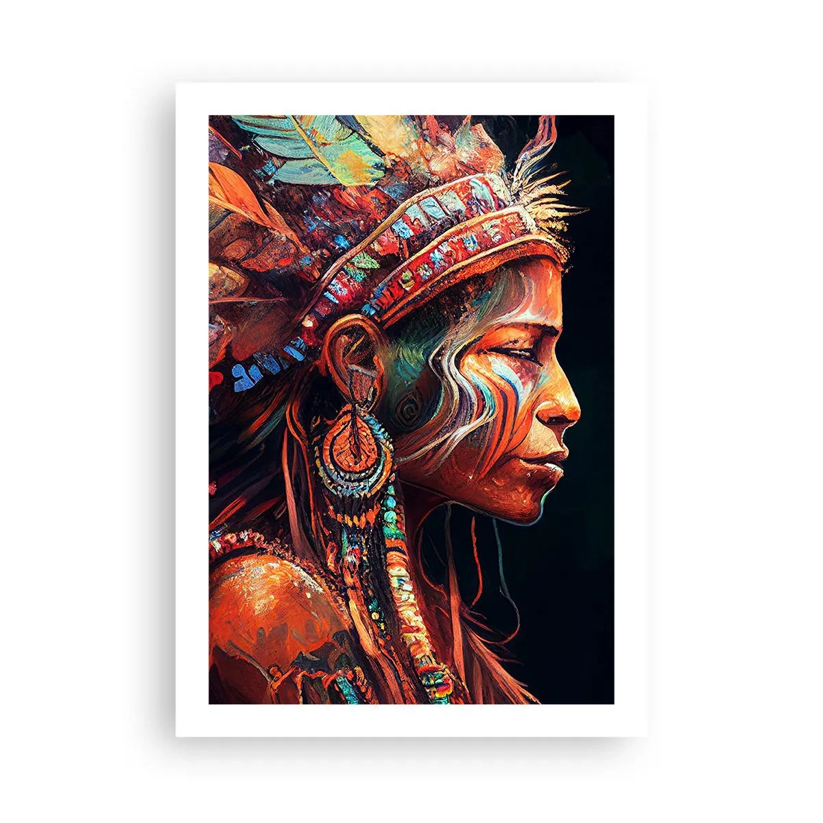 Poster - Ritratto di una donna con un tradizionale copricapo di piume - 50x70cm - Rituale magico - Decorazione murale moderna per soggiorno e camera da letto ARTTOR