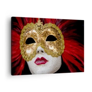 Quadro su tela - Stampe su Tela - Maschera veneziana dorata con piume rosse - 70x50cm - La promessa di un'avventura di carnevale - Decorazione murale moderna per soggiorno e camera da letto ARTTOR