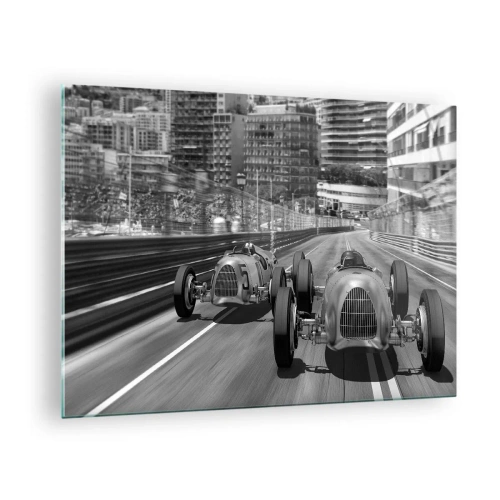Quadro su vetro - Gara automobilistica storica in bianco e nero - 70x50cm - Tanto tempo fa a Montecarlo - Decorazione murale moderna per soggiorno e camera da letto ARTTOR