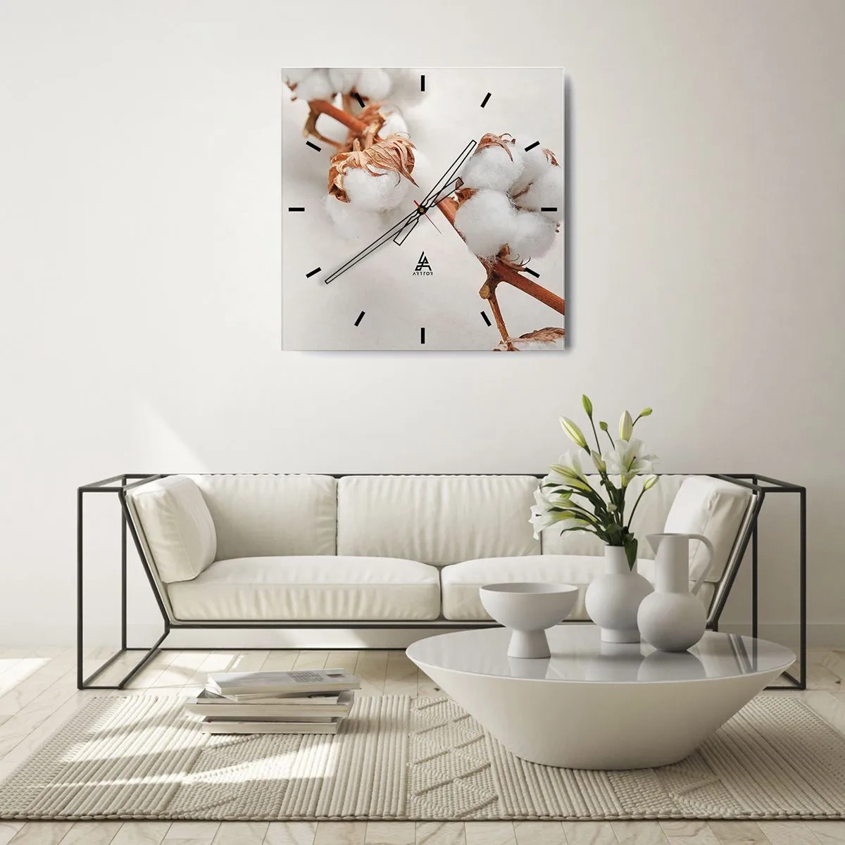 Orologio da parete - Orologio in Vetro - Un rametto di cotone su uno sfondo sottile - 30x30cm - Semplicemente un abbraccio - Decorazione murale moderna per soggiorno e camera da letto ARTTOR