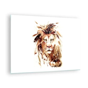 Quadro su vetro - Ritratto ad acquerello di un leone su sfondo bianco - 70x50cm - Forza e dignità - Decorazione murale moderna per soggiorno e camera da letto ARTTOR