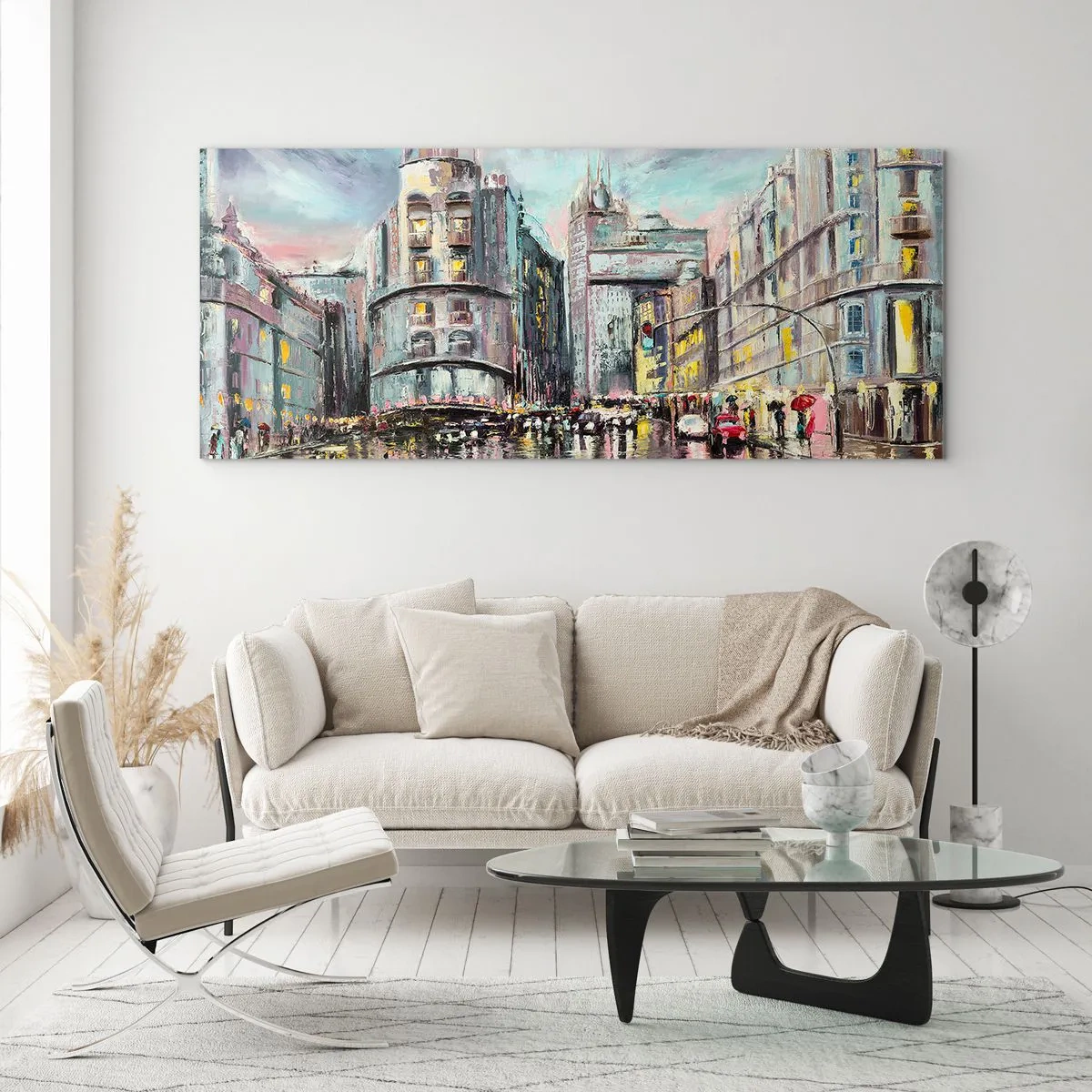 Quadro su vetro - Vista serale della città con riflessi sulla strada bagnata - 160x50cm - Sarà una serata riuscita - Decorazione murale moderna per soggiorno e camera da letto ARTTOR