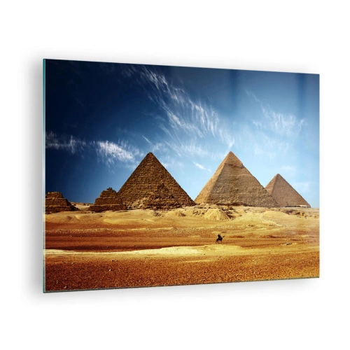 Quadro su vetro - Le piramidi di Giza contro il cielo blu - 70x50cm - 40 secoli ci guardano - Decorazione murale moderna per soggiorno e camera da letto ARTTOR