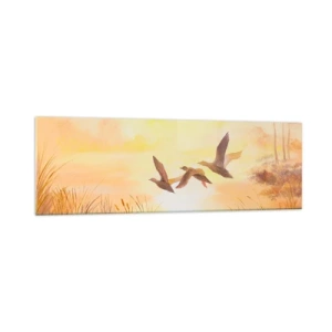Quadro su vetro - Anatre che volano all'alba sul lago - 160x50cm - L'inizio di un lungo viaggio - Decorazione murale moderna per soggiorno e camera da letto ARTTOR