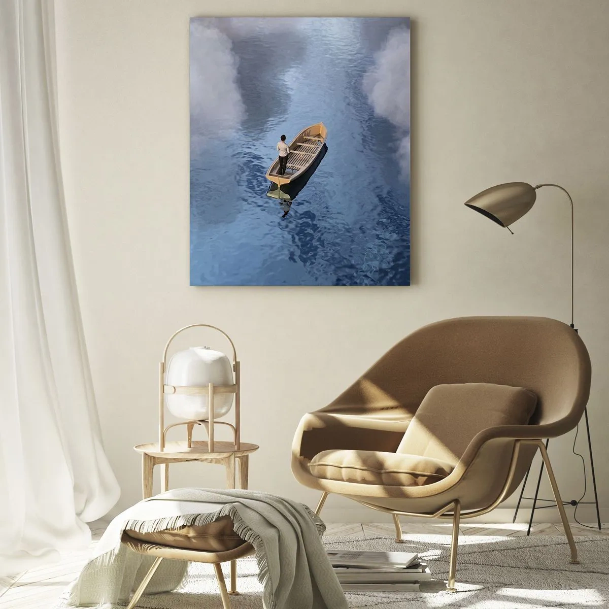 Quadro su vetro - Un uomo su una barca che naviga nell'acqua tra le nuvole - 50x70cm - Vita - viaggio - incertezza - Decorazione murale moderna per soggiorno e camera da letto ARTTOR